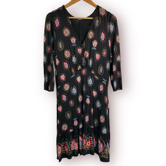 DESIGUAL Boho Floral V-neck Black Dress XL Fairy Whymsigoth - Picture 4 of 13